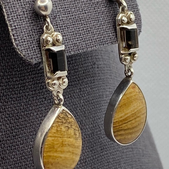 Sterling Silver Vintage Earrings Amethyst and Petrified Wood? Drops Dangles - Picture 5 of 12